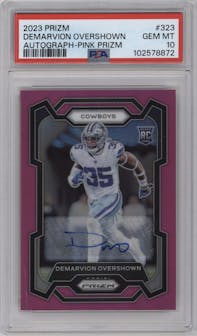 Demarvion Overshown from the 2023 Panini Prizm set featuring a Pink Prizm parallel graded by PSA and given an overall grade of 10.