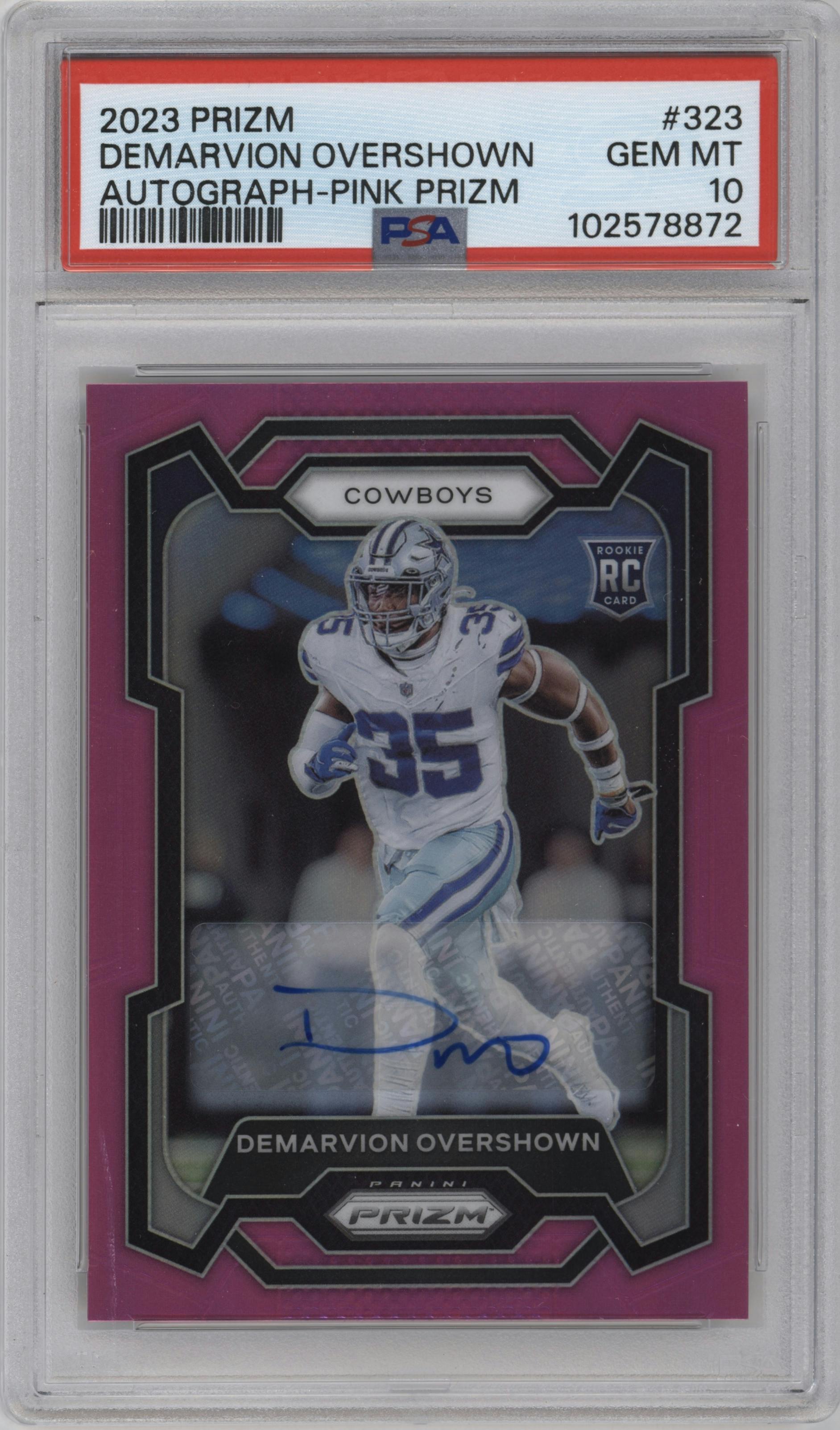 Demarvion Overshown from the 2023 Panini Prizm set featuring a Pink Prizm parallel graded by PSA and given an overall grade of 10.