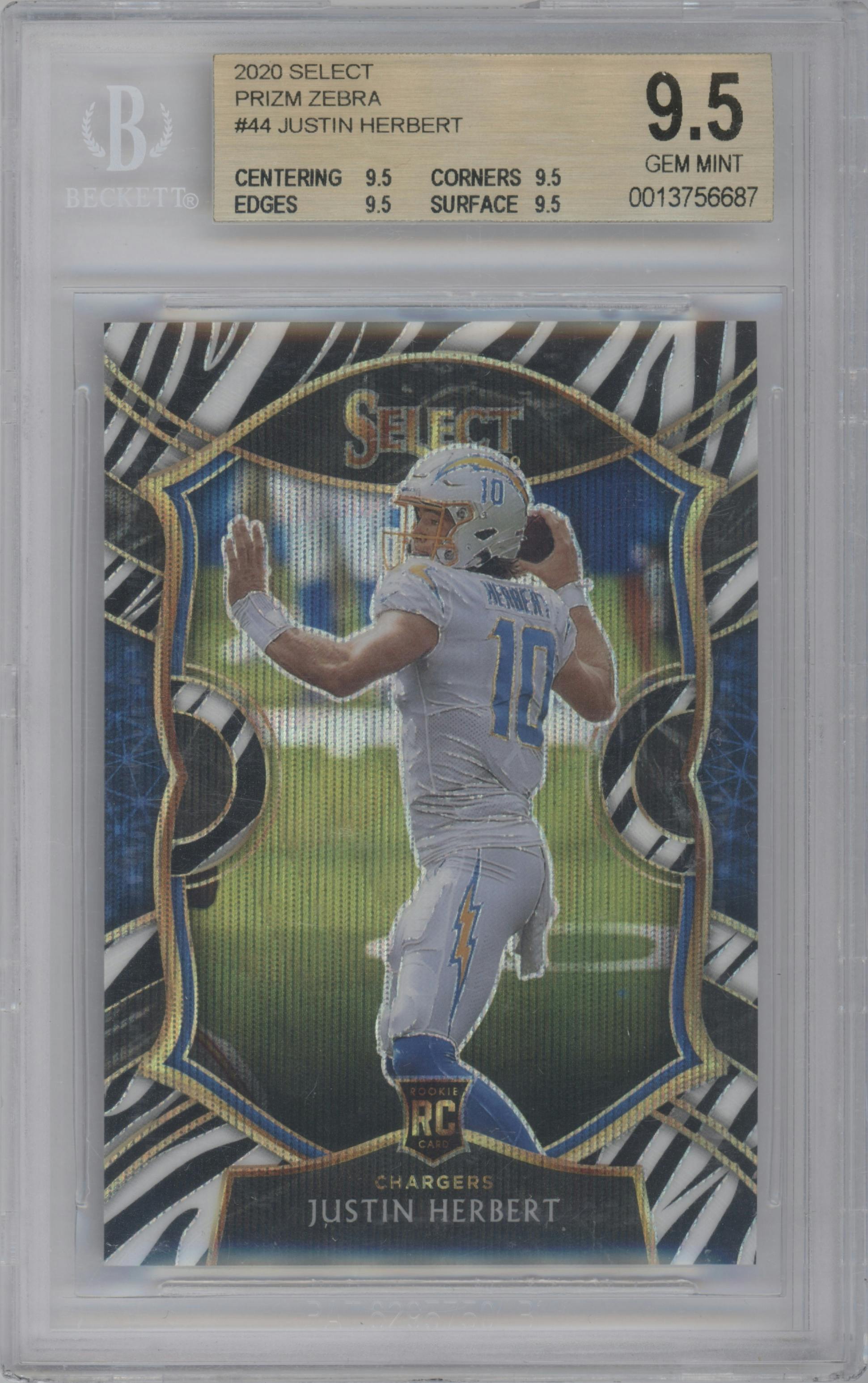 Justin Herbert from the 2020 Panini Select set featuring a Zebra parallel graded by Beckett and given an overall grade of 9.5.