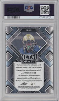 Jahmyr Gibbs from the 2022 Leaf Metal Draft set featuring a Black Crystal parallel graded by PSA and given an overall grade of 8.