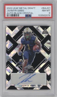 Jahmyr Gibbs from the 2022 Leaf Metal Draft set featuring a Black Crystal parallel graded by PSA and given an overall grade of 8.