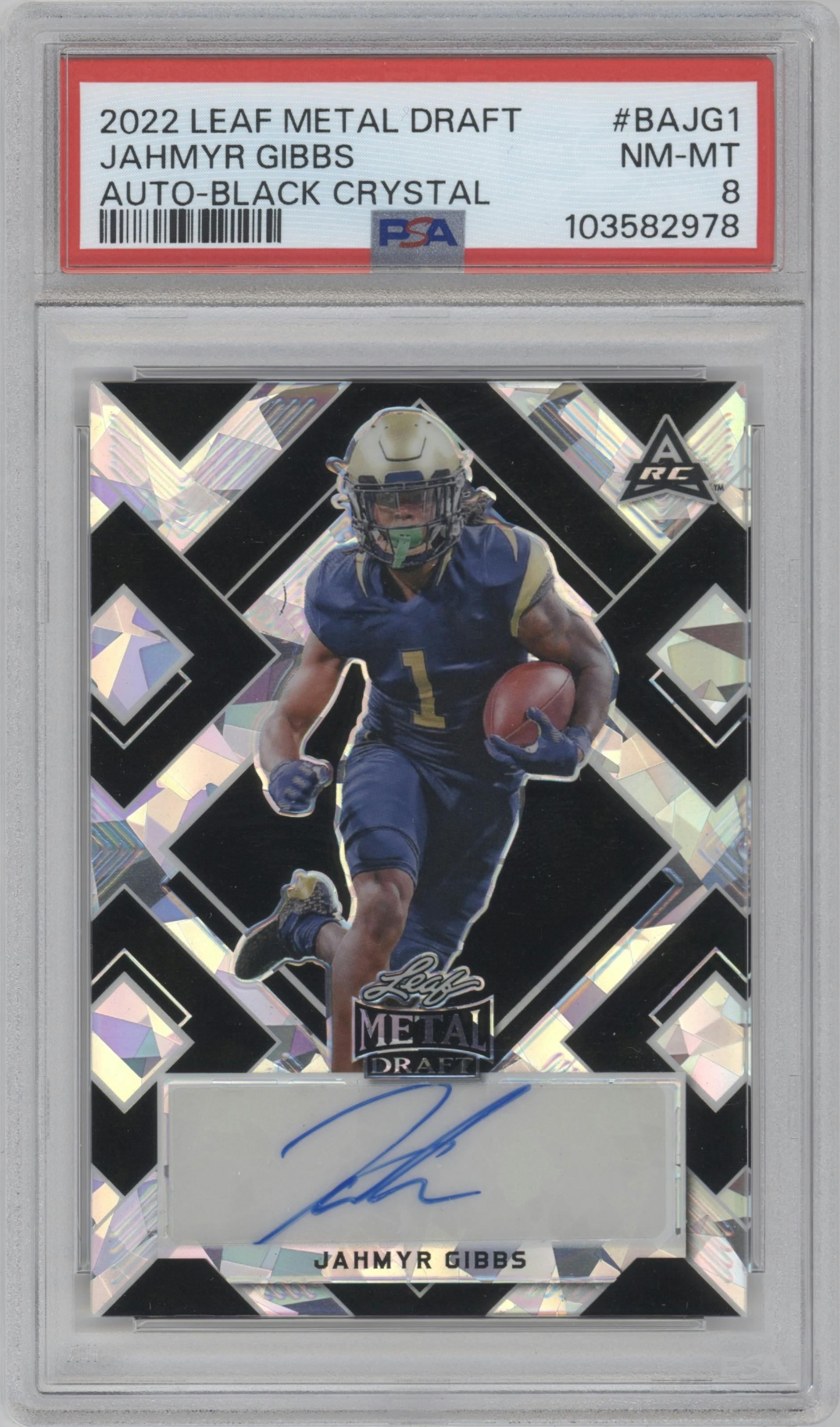 Jahmyr Gibbs from the 2022 Leaf Metal Draft set featuring a Black Crystal parallel graded by PSA and given an overall grade of 8.