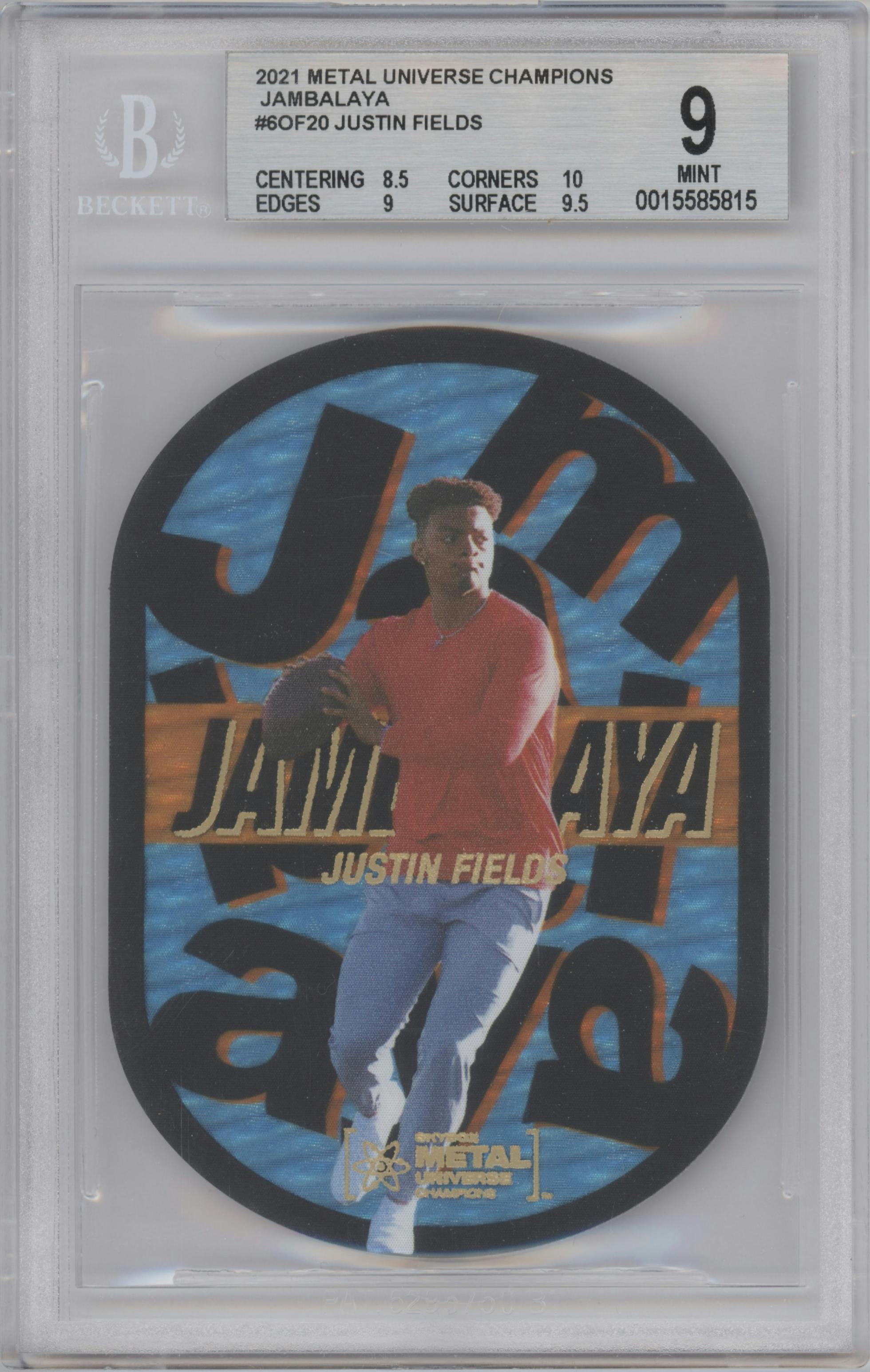 Justin Fields from the 2021 Skybox Metal Universe Champions set graded by Beckett and given an overall grade of 9.