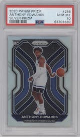 Anthony Edwards from the 2020-21 Panini Prizm set featuring a Silver Prizm parallel graded by PSA and given an overall grade of 10.