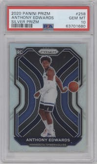 Anthony Edwards from the 2020-21 Panini Prizm set featuring a Silver Prizm parallel graded by PSA and given an overall grade of 10.