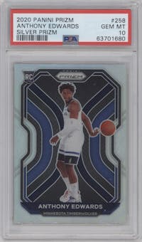 Anthony Edwards from the 2020-21 Panini Prizm set featuring a Silver Prizm parallel graded by PSA and given an overall grade of 10.