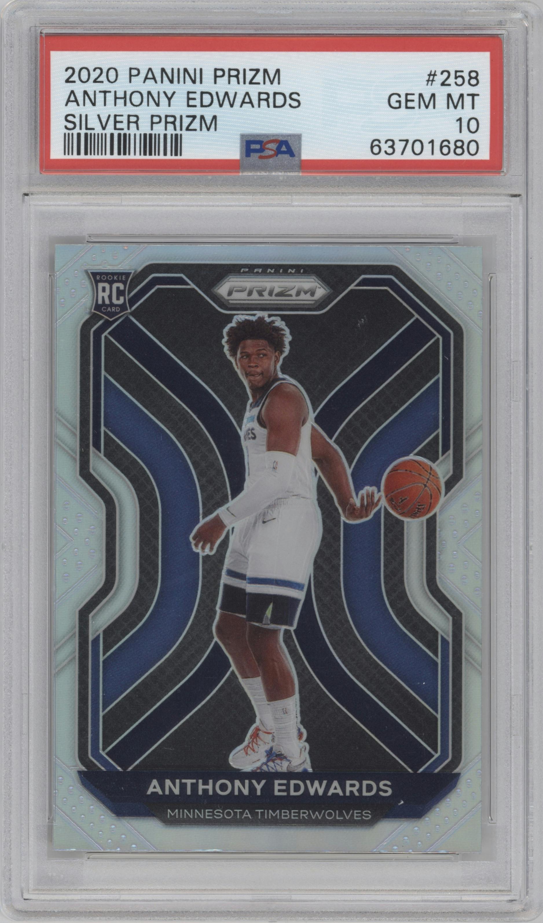 Anthony Edwards from the 2020-21 Panini Prizm set featuring a Silver Prizm parallel graded by PSA and given an overall grade of 10.