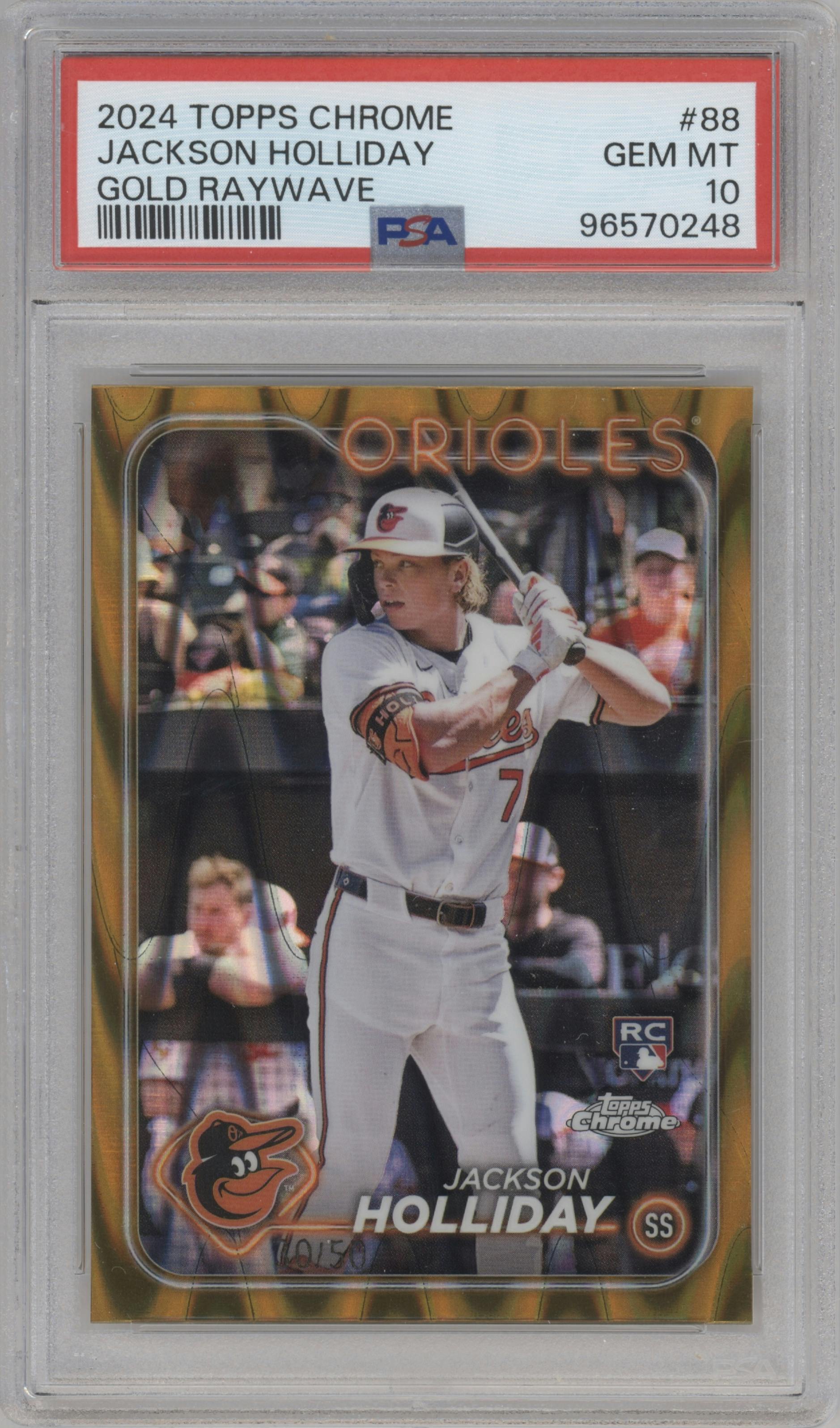 Jackson Holliday from the 2024 Topps Chrome set featuring a Gold Raywave Refractor parallel graded by PSA and given an overall grade of 10.