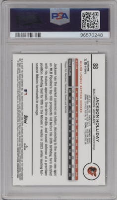 Jackson Holliday from the 2024 Topps Chrome set featuring a Gold Raywave Refractor parallel graded by PSA and given an overall grade of 10.