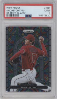 Shohei Ohtani from the 2022 Panini Prizm set graded by PSA and given an overall grade of 9.