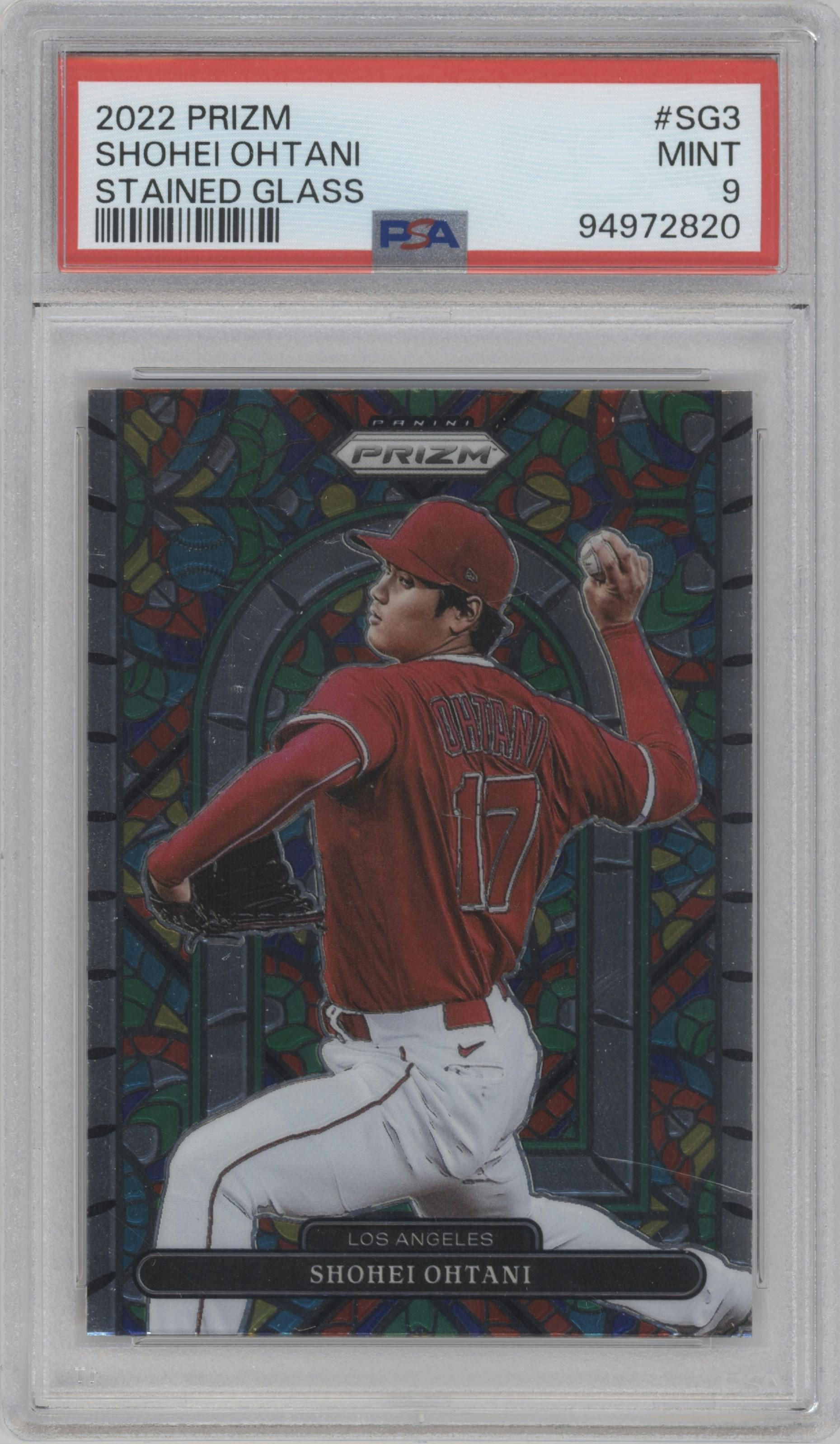 Shohei Ohtani from the 2022 Panini Prizm set graded by PSA and given an overall grade of 9.