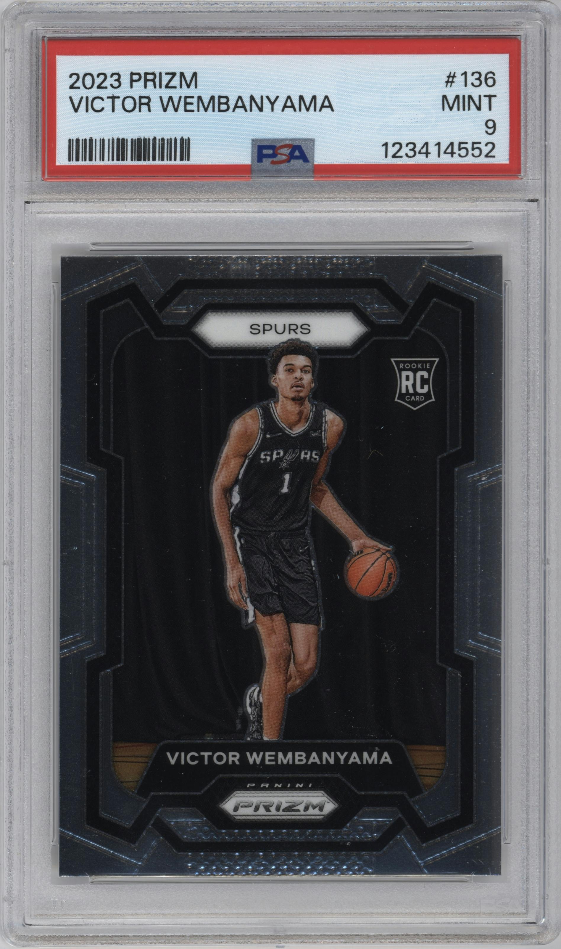 Victor Wembanyama from the 2023-24 Panini Prizm set graded by PSA and given an overall grade of 9.
