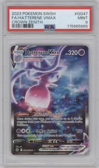 Hatterene VMAX from the 2023 Pokemon SWSH set graded by PSA and given an overall grade of 9.