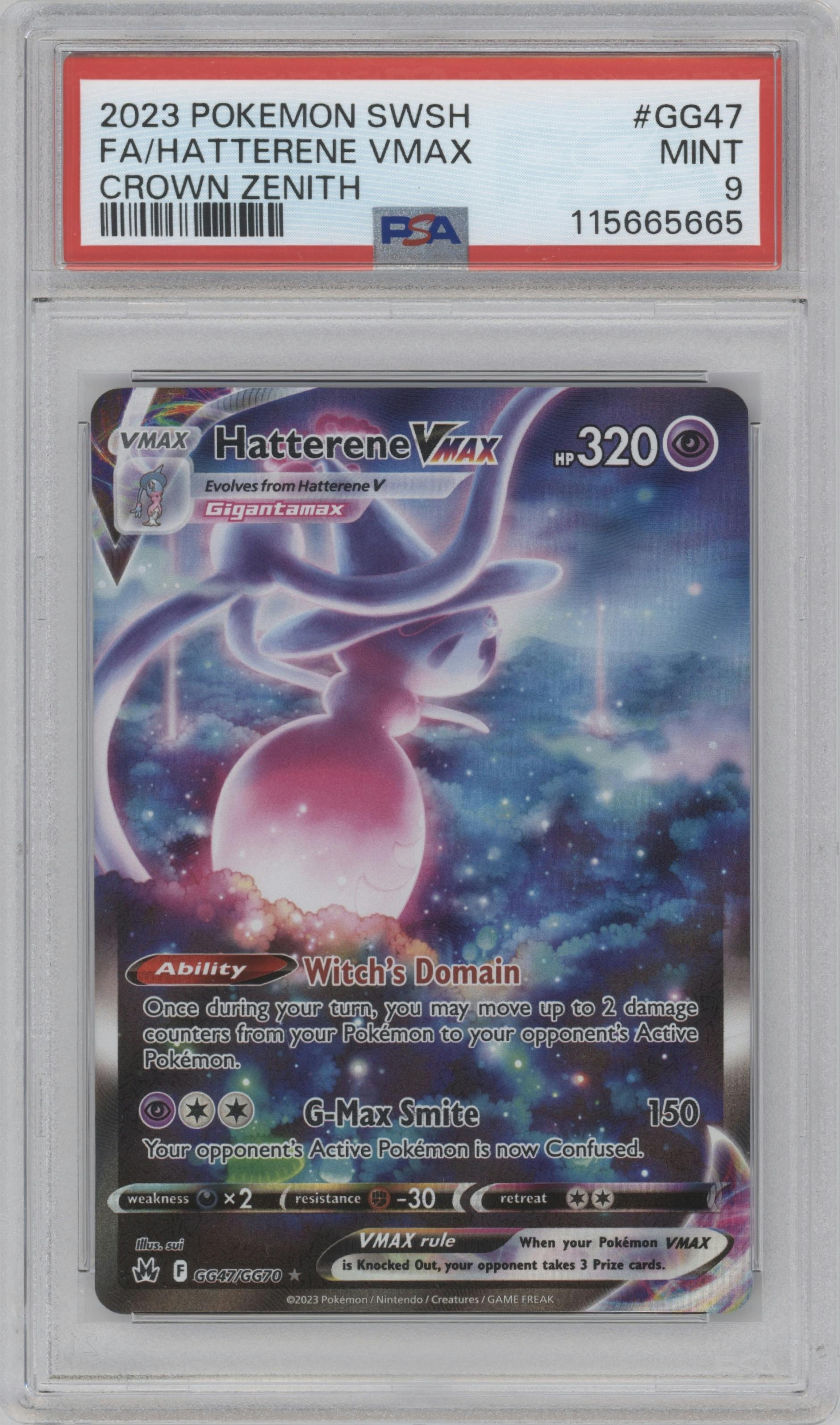 Hatterene VMAX from the 2023 Pokemon SWSH set graded by PSA and given an overall grade of 9.