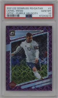 Lionel Messi from the 2021-22 Panini Donruss Road to Qatar set featuring a Purple Velocity parallel graded by PSA and given an overall grade of 10.