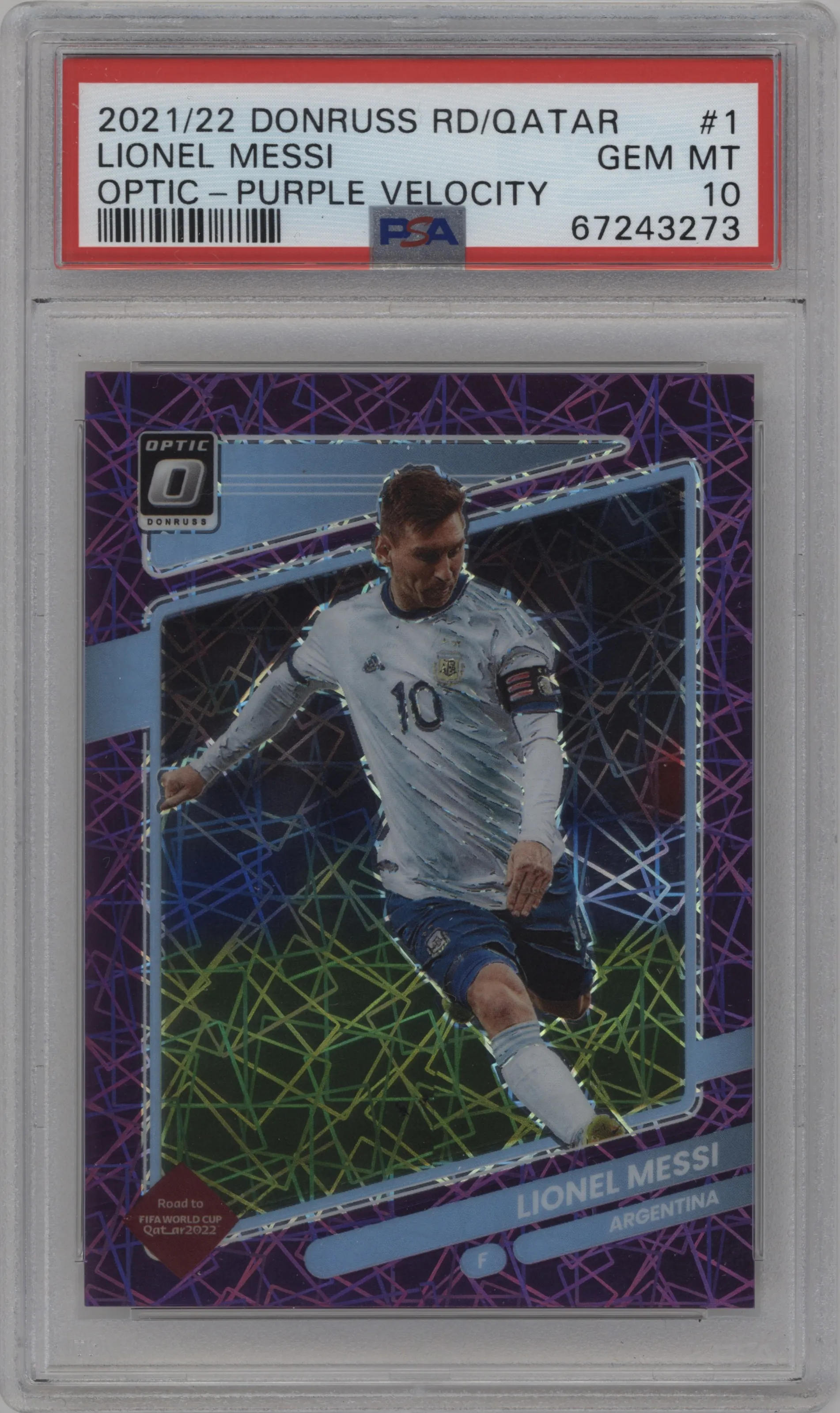 Lionel Messi from the 2021-22 Panini Donruss Road to Qatar set featuring a Purple Velocity parallel graded by PSA and given an overall grade of 10.