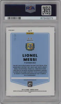 Lionel Messi from the 2021-22 Panini Donruss Road to Qatar set featuring a Purple Velocity parallel graded by PSA and given an overall grade of 10.