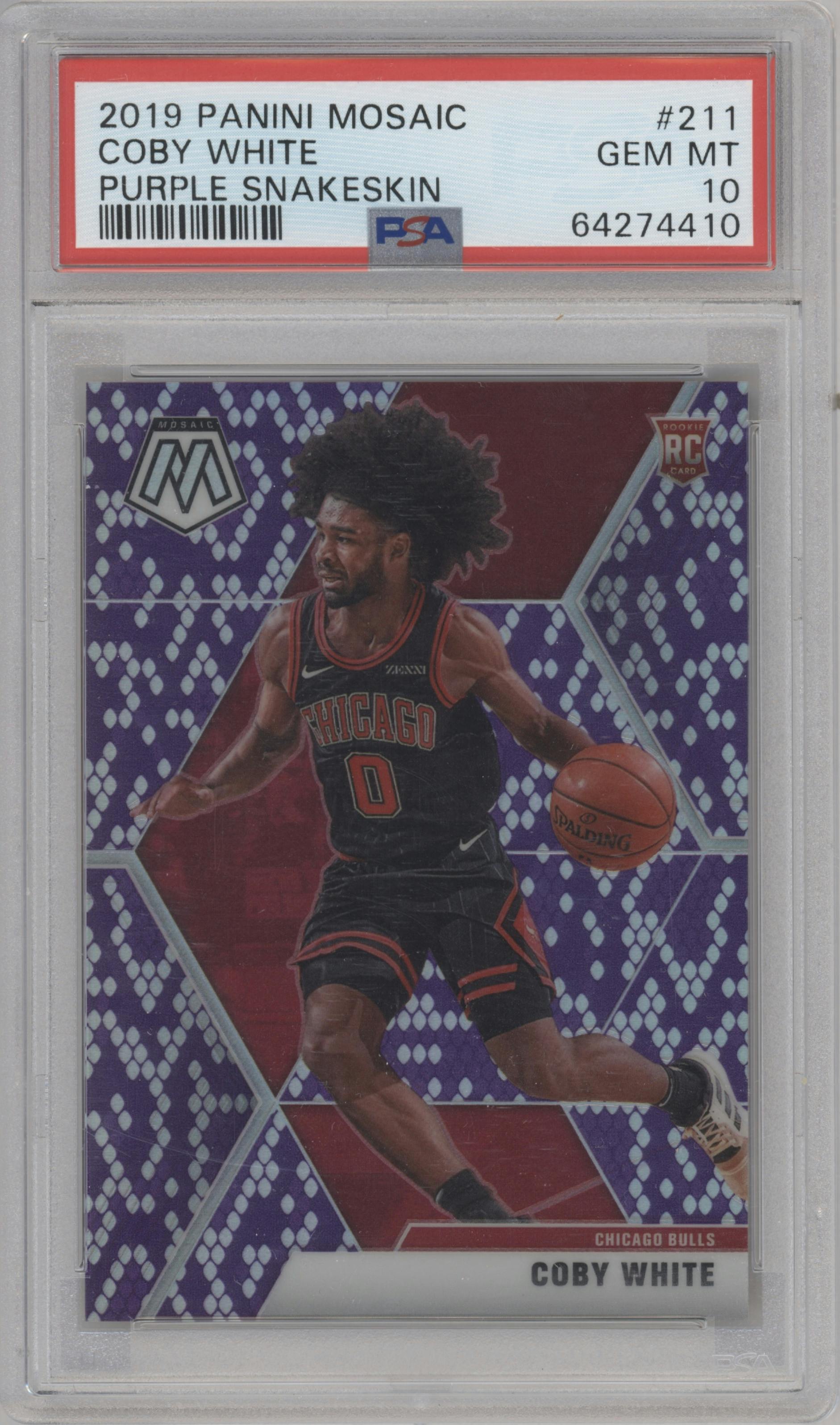 Coby White from the 2019-20 Panini Mosaic  set featuring a Purple Snakeskin parallel graded by PSA and given an overall grade of 10.
