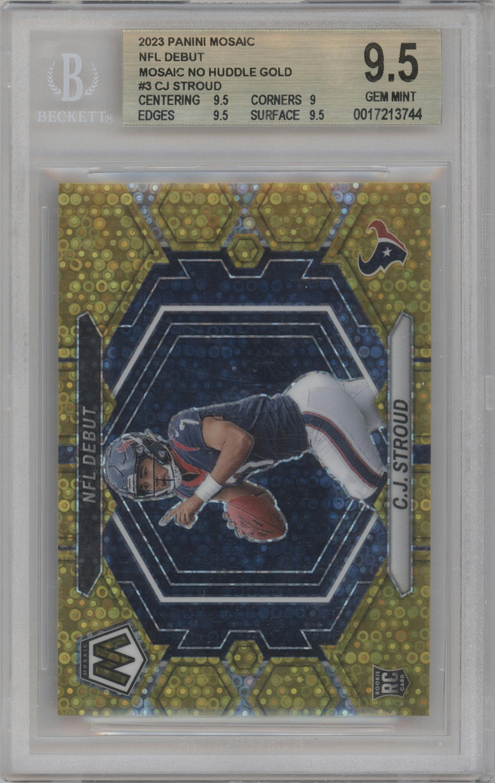C.J. Stroud  from the 2023 Panini Mosaic set featuring a No Huddle Gold parallel graded by Beckett and given an overall grade of 9.5.