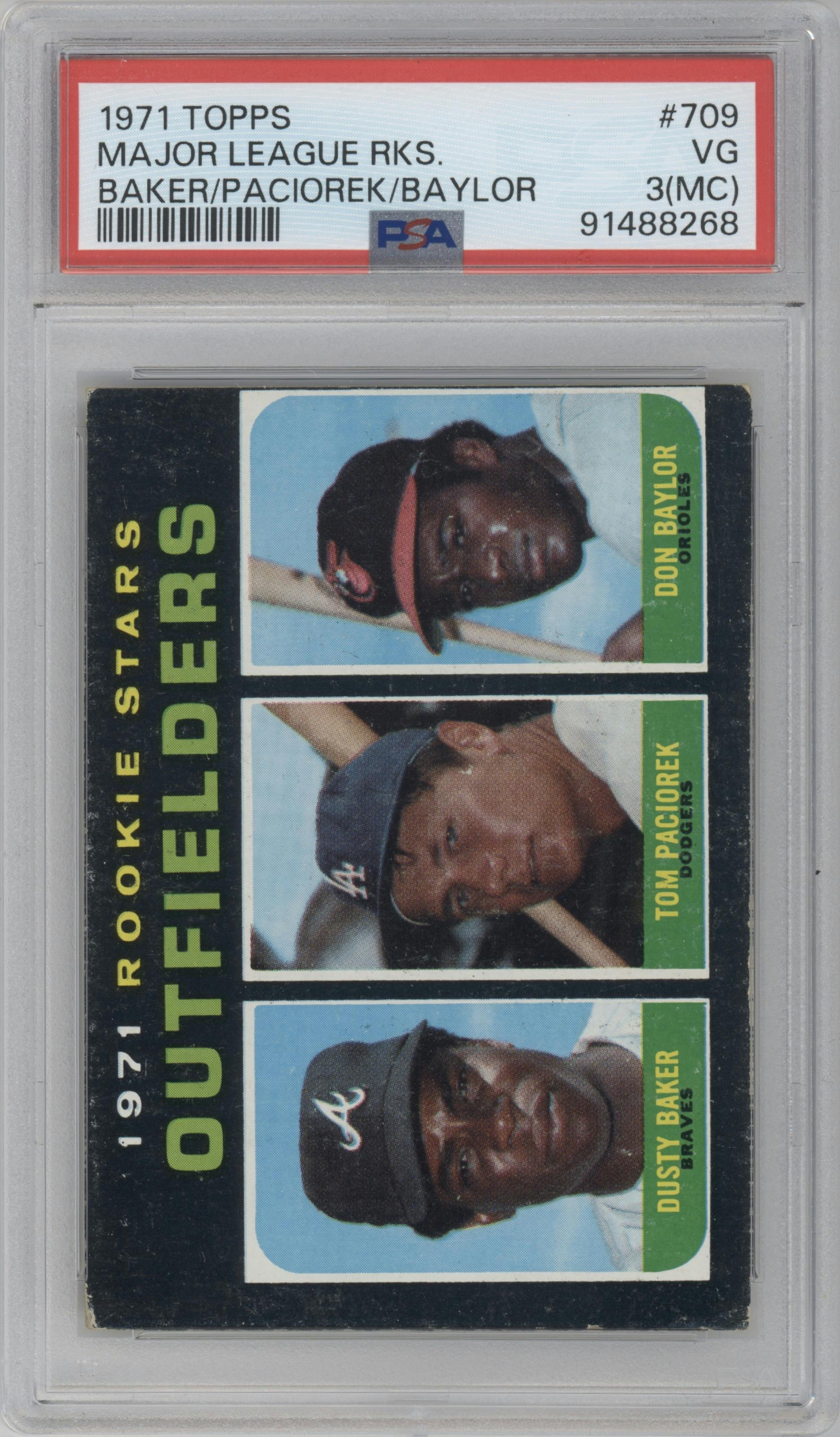 Dusty Baker/Tom Paciorek/Don Baylor from the 1971 Topps set graded by PSA and given an overall grade of 3.