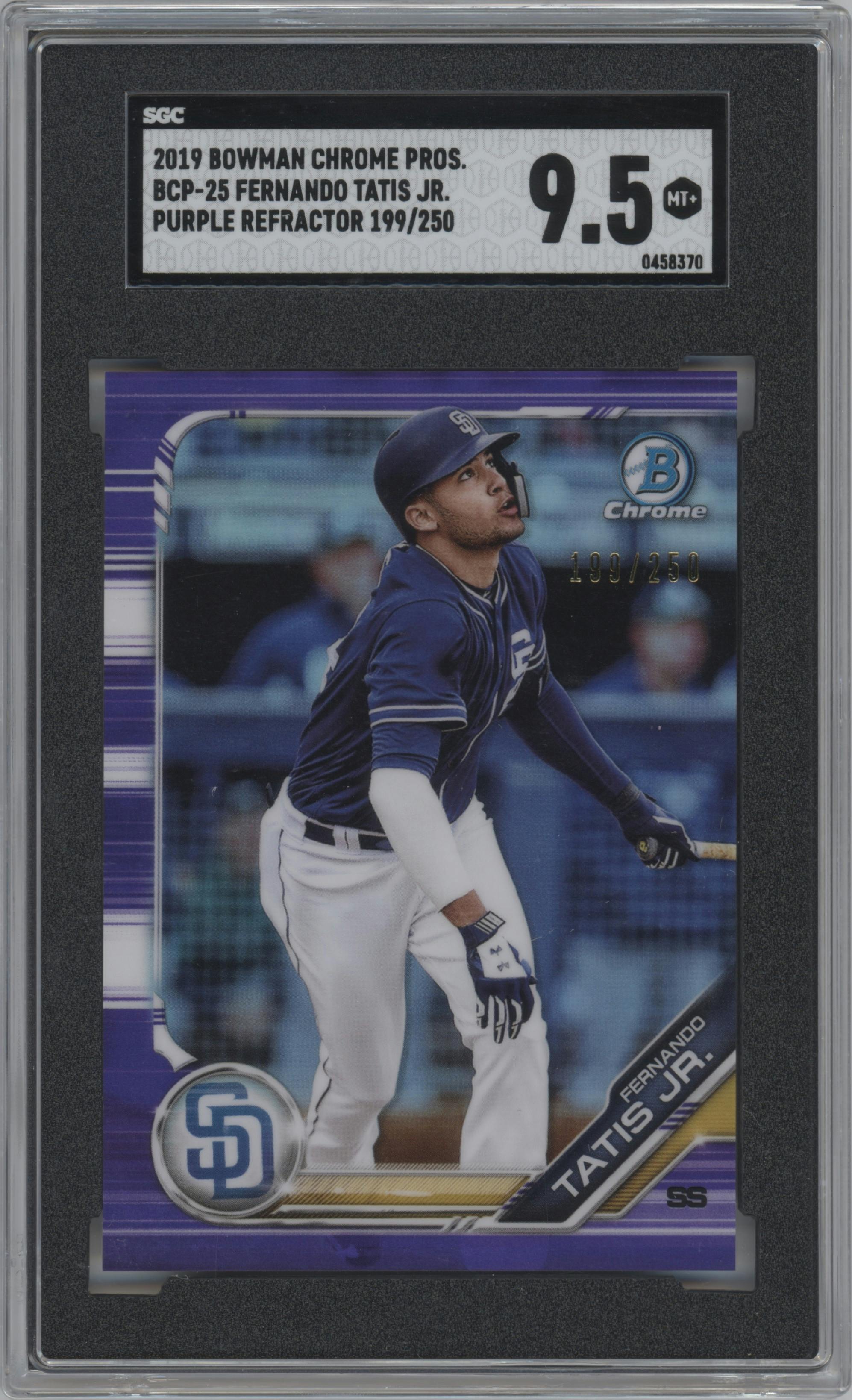 Fernando Tatis Jr. from the 2019 Bowman  set featuring a Purple Refractor  parallel graded by SGC and given an overall grade of 9.5.