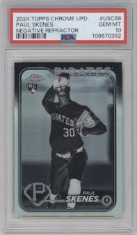 Paul Skenes from the 2024 Topps Chrome Update set featuring a Negative Refractor parallel graded by PSA and given an overall grade of 10.