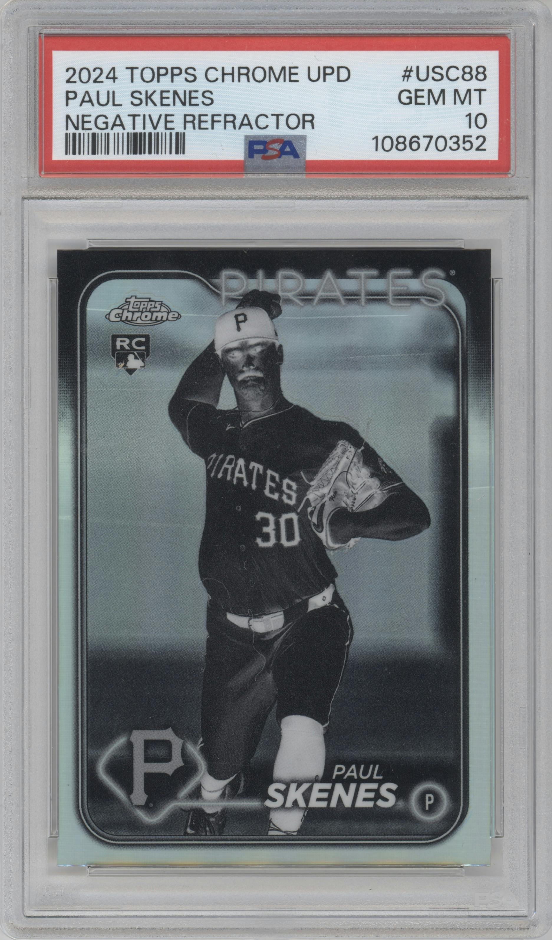 Paul Skenes from the 2024 Topps Chrome Update set featuring a Negative Refractor parallel graded by PSA and given an overall grade of 10.