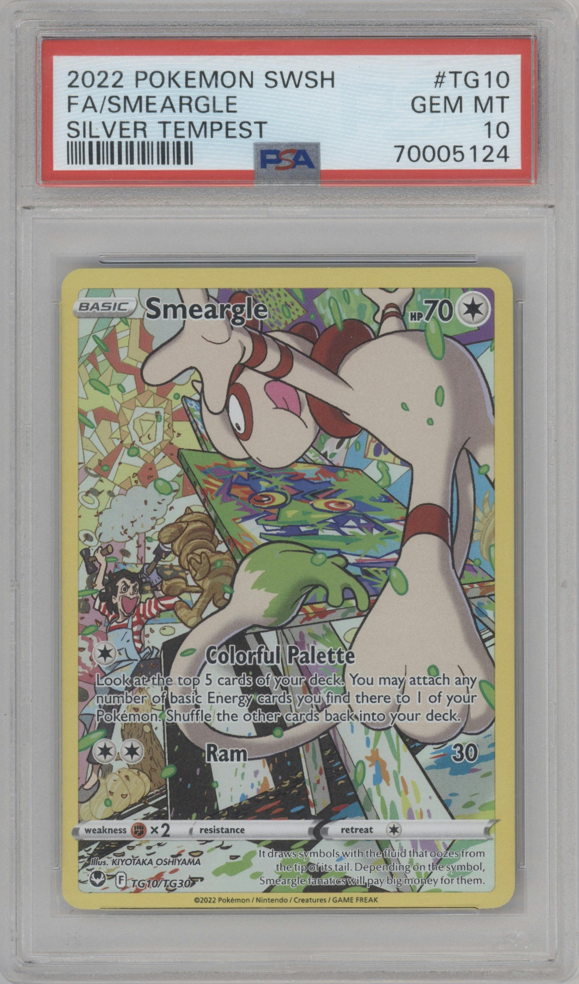 Smeargle from the 2022 Pokemon SWSH set graded by PSA and given an overall grade of 10.