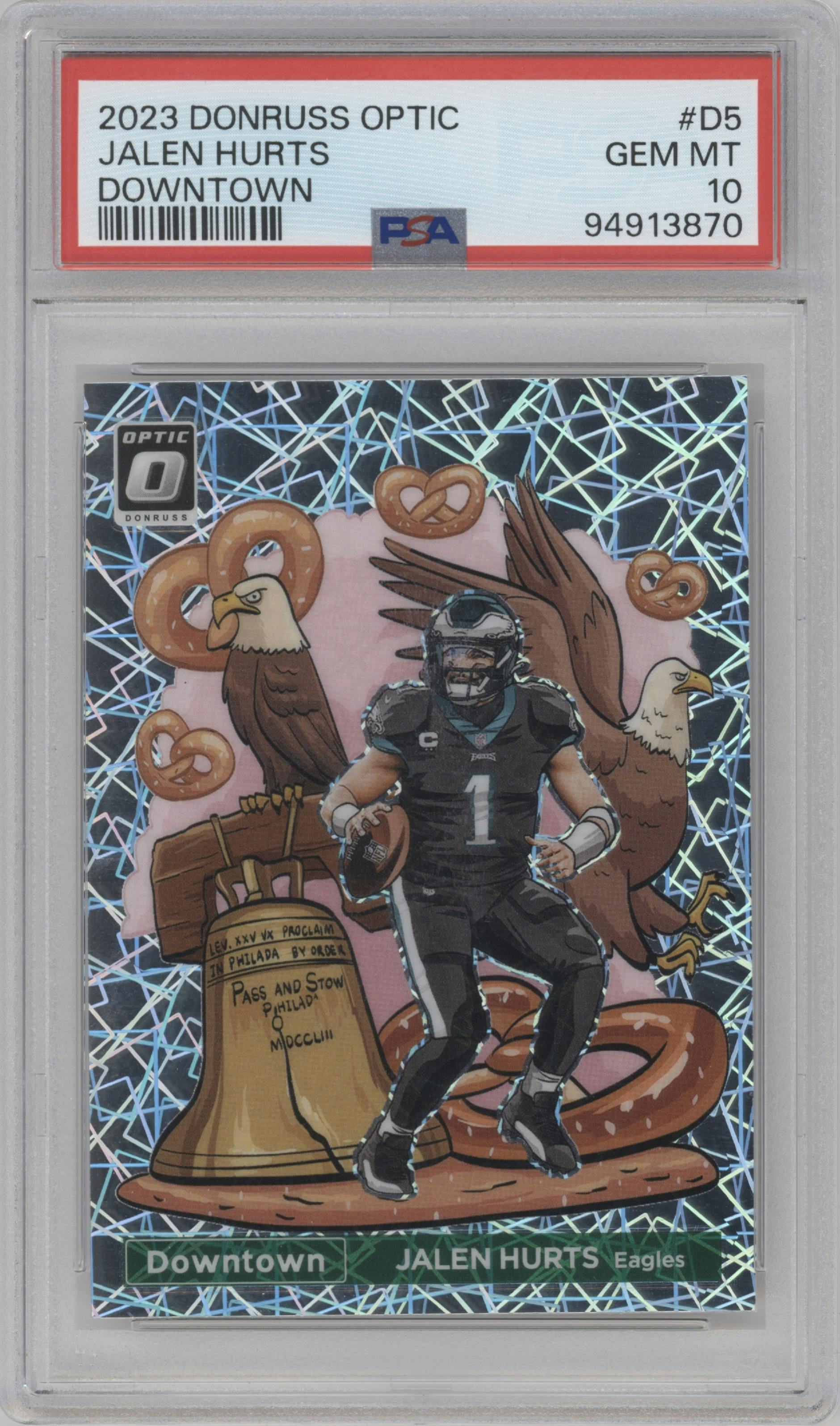 Jalen Hurts from the 2023 Donruss Optic set graded by PSA and given an overall grade of 10.