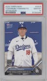 Yoshinobu Yamamoto from the 2023-24 Topps Now Off-Season set graded by PSA and given an overall grade of 10.