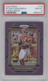 Patrick Mahomes II from the 2022 Panini Prizm set featuring a Purple Prizm parallel graded by PSA and given an overall grade of 10.