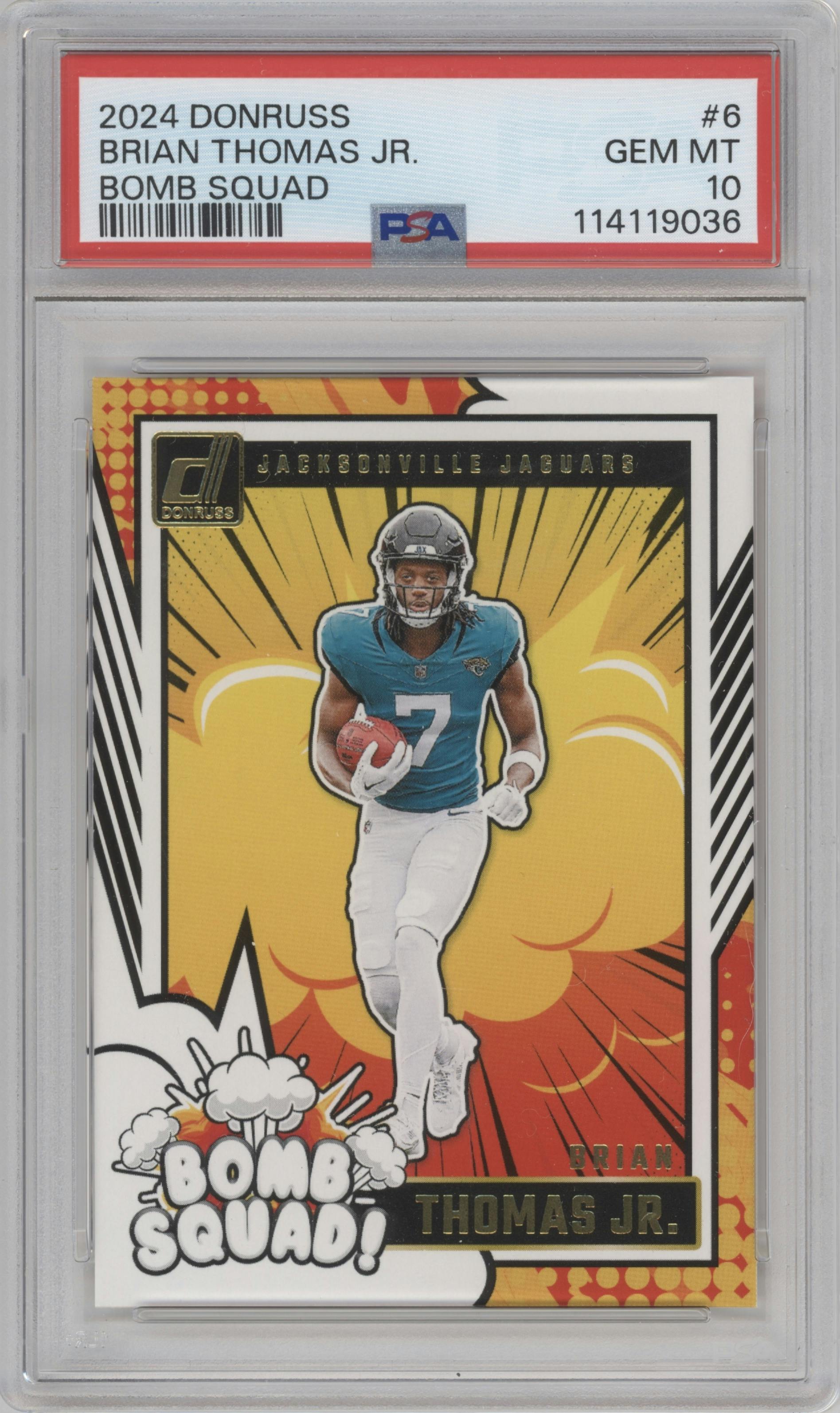 Brian Thomas Jr. from the 2024 Donruss set graded by PSA and given an overall grade of 10.