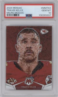 Travis Kelce	 from the 2024 Panini Mosaic set graded by PSA and given an overall grade of 10.