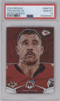 Travis Kelce	 from the 2024 Panini Mosaic set graded by PSA and given an overall grade of 10.