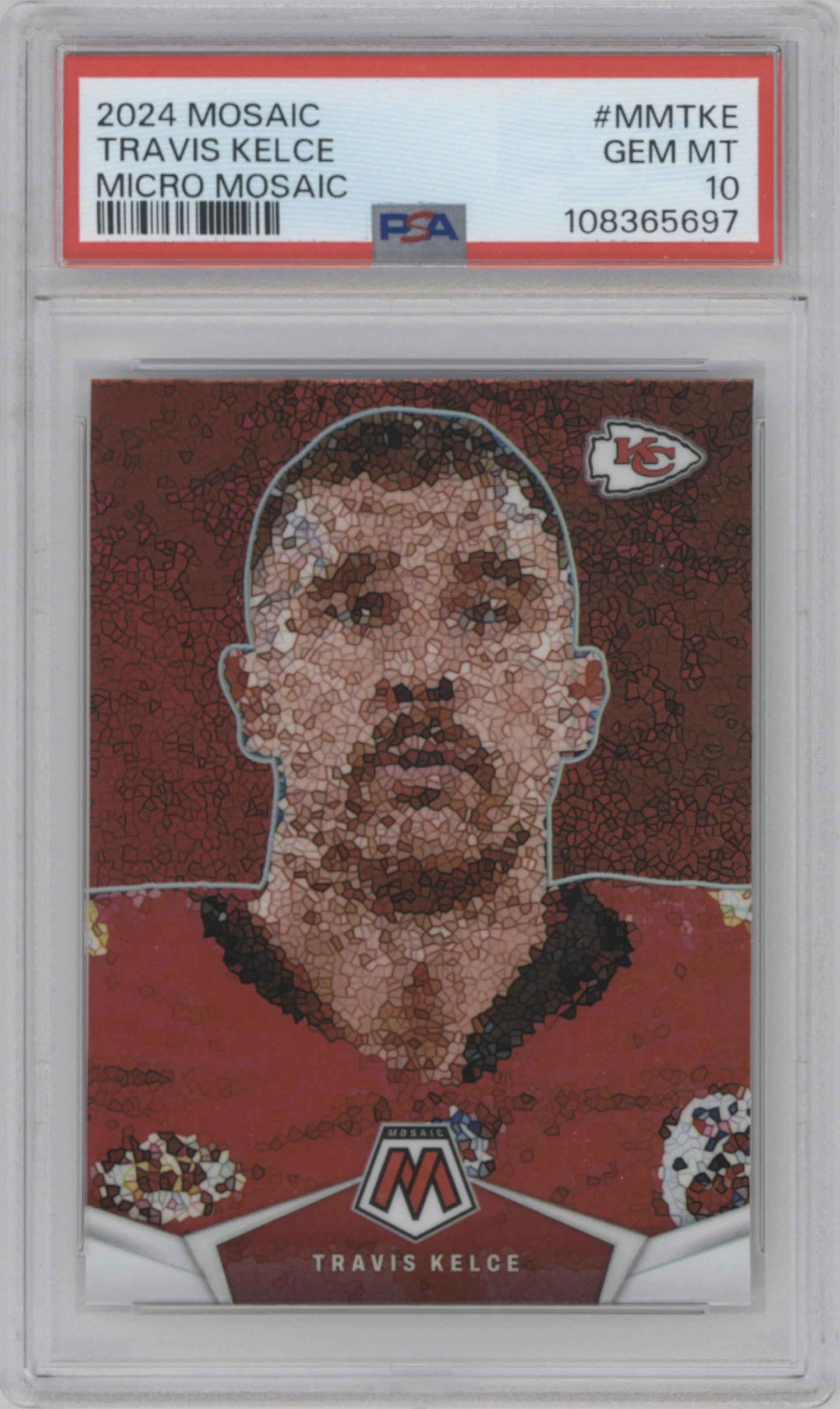 Travis Kelce	 from the 2024 Panini Mosaic set graded by PSA and given an overall grade of 10.