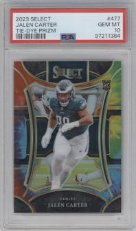 Jalen Carter from the 2023 Panini Select set featuring a Tie-Dye parallel graded by PSA and given an overall grade of 10.