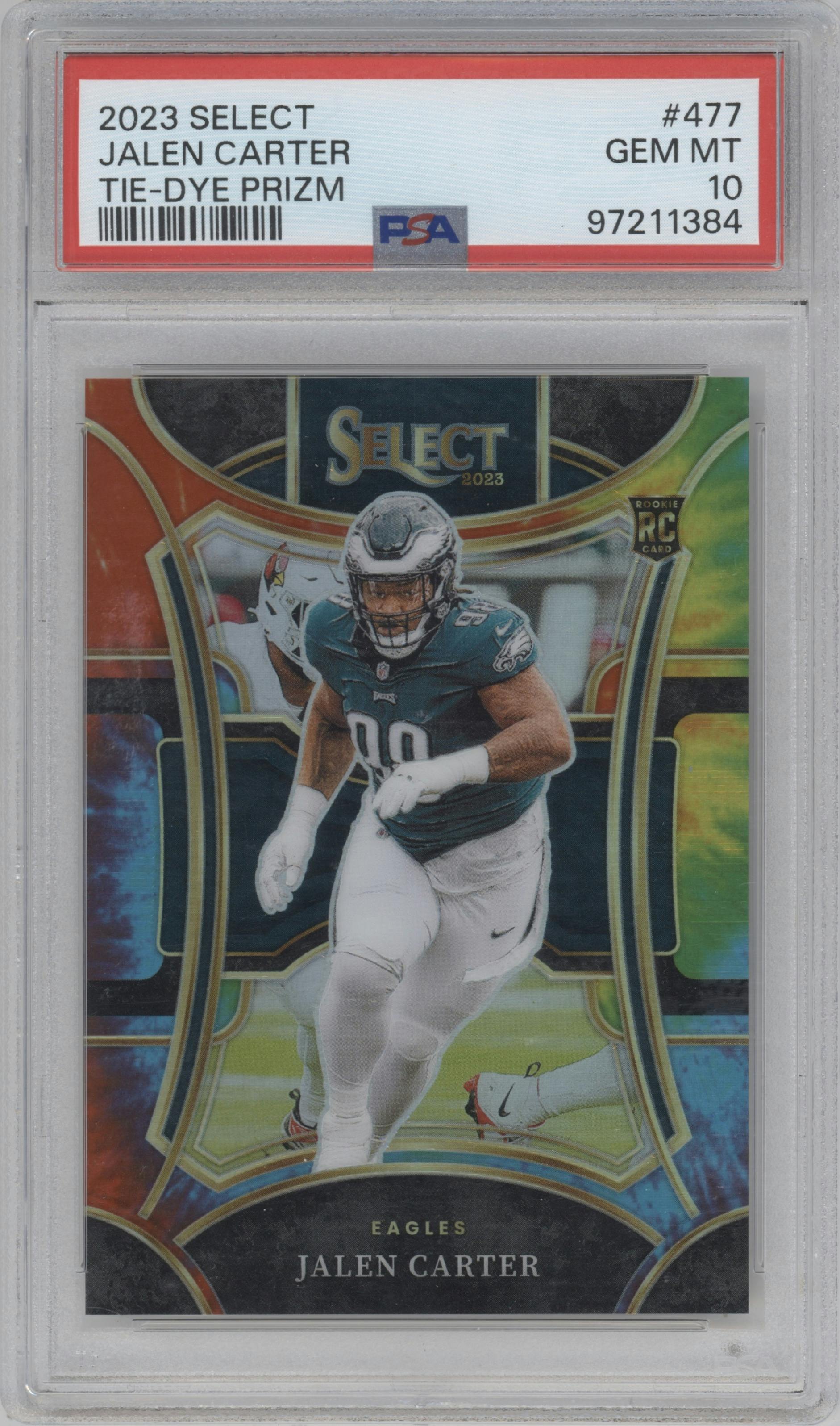 Jalen Carter from the 2023 Panini Select set featuring a Tie-Dye parallel graded by PSA and given an overall grade of 10.