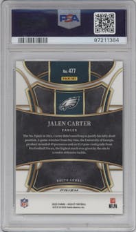 Jalen Carter from the 2023 Panini Select set featuring a Tie-Dye parallel graded by PSA and given an overall grade of 10.