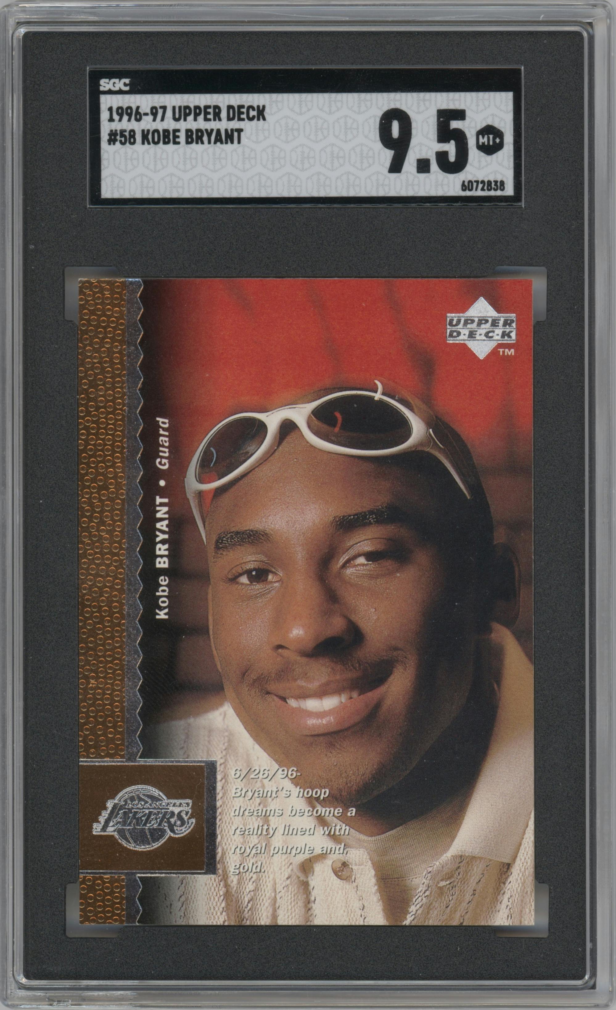 Kobe Bryant from the 1996-97 Upper Deck set graded by SGC and given an overall grade of 9.5.