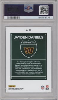 Jayden Daniels from the 2024 Donruss set graded by PSA and given an overall grade of 10.