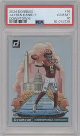 Jayden Daniels from the 2024 Donruss set graded by PSA and given an overall grade of 10.