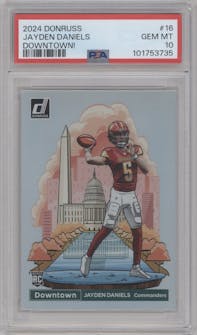 Jayden Daniels from the 2024 Donruss set graded by PSA and given an overall grade of 10.
