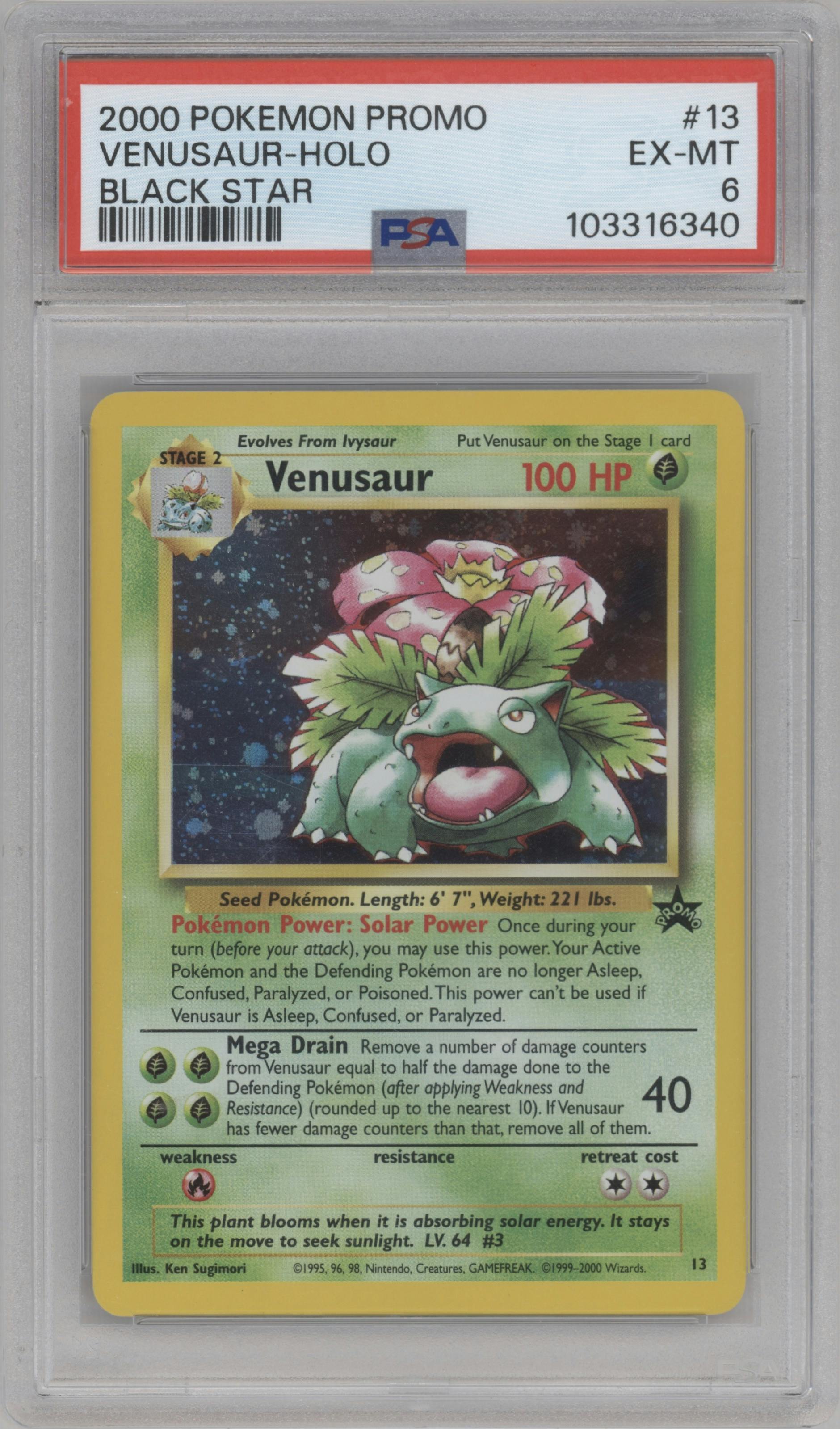 Venusaur from the 2000 Pokemon set graded by PSA and given an overall grade of 6.