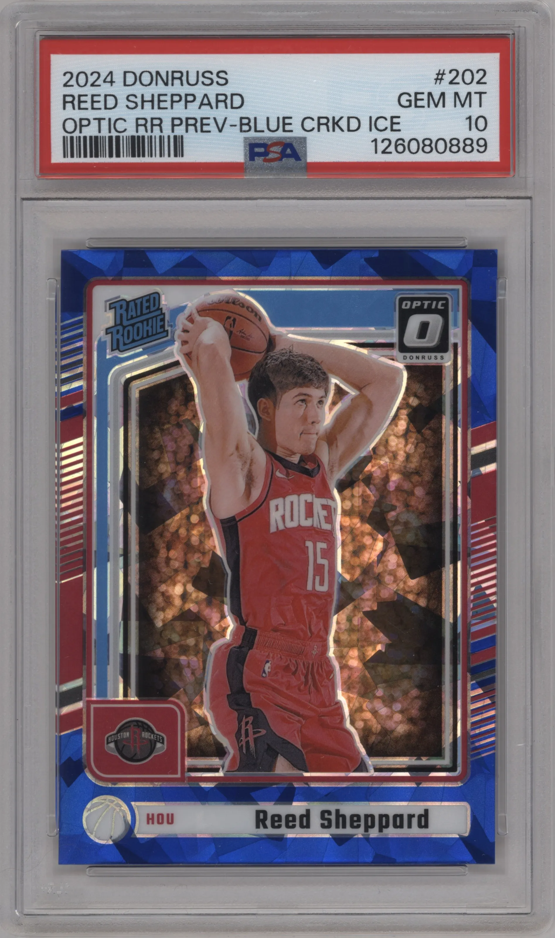 2024 Panini Donruss Opt.Rtd.Rke.Prvw. Reed Sheppard Blue Cracked Ice #P-202 PSA 10