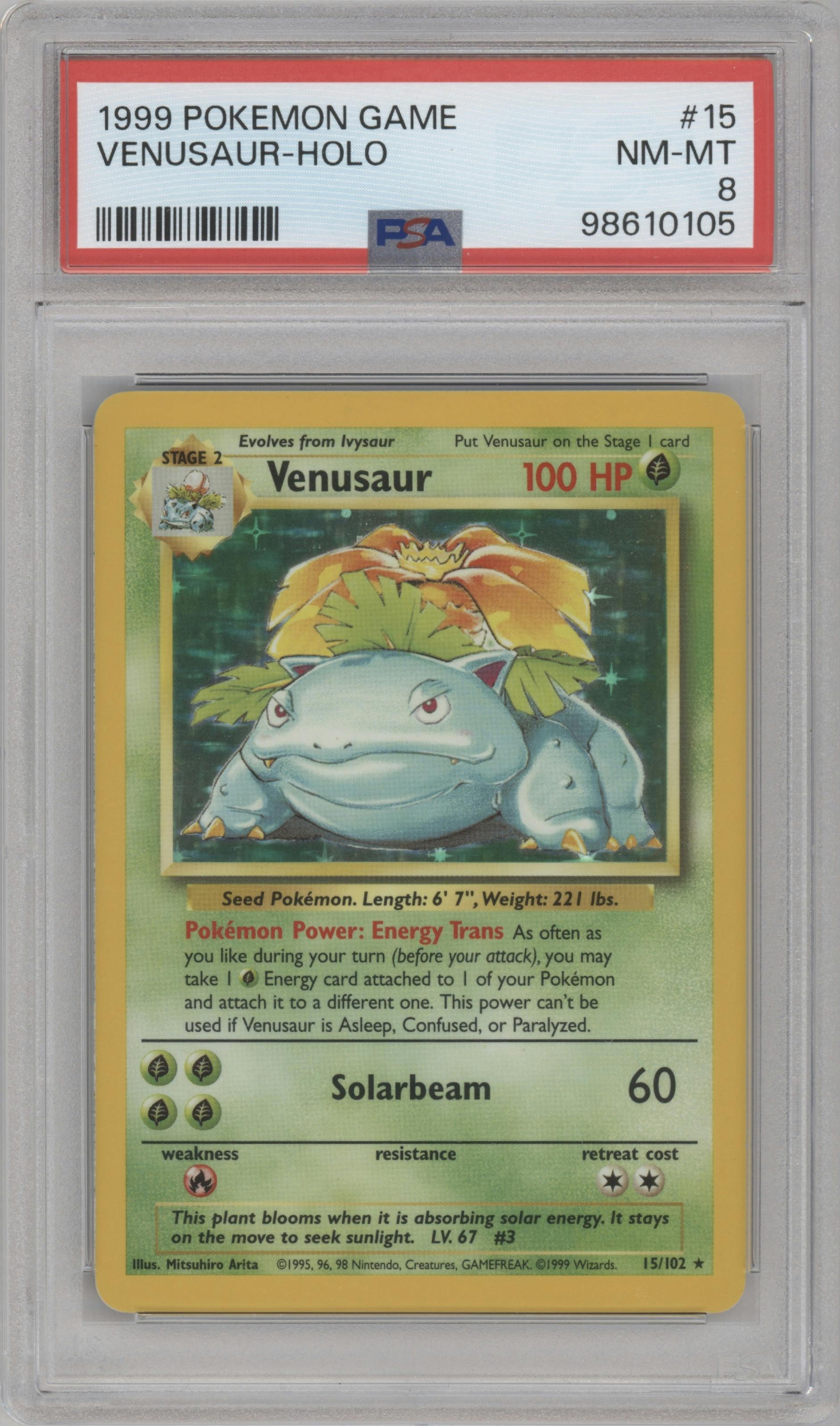 Venusaur from the 1999 Pokemon set graded by PSA and given an overall grade of 8.