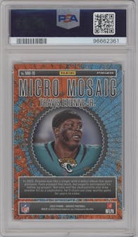 Travis Etienne Jr. from the 2023 Panini Mosaic set graded by PSA and given an overall grade of 10.