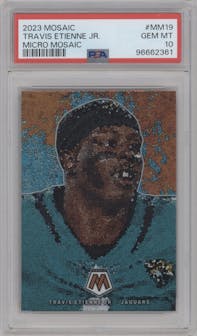 Travis Etienne Jr. from the 2023 Panini Mosaic set graded by PSA and given an overall grade of 10.
