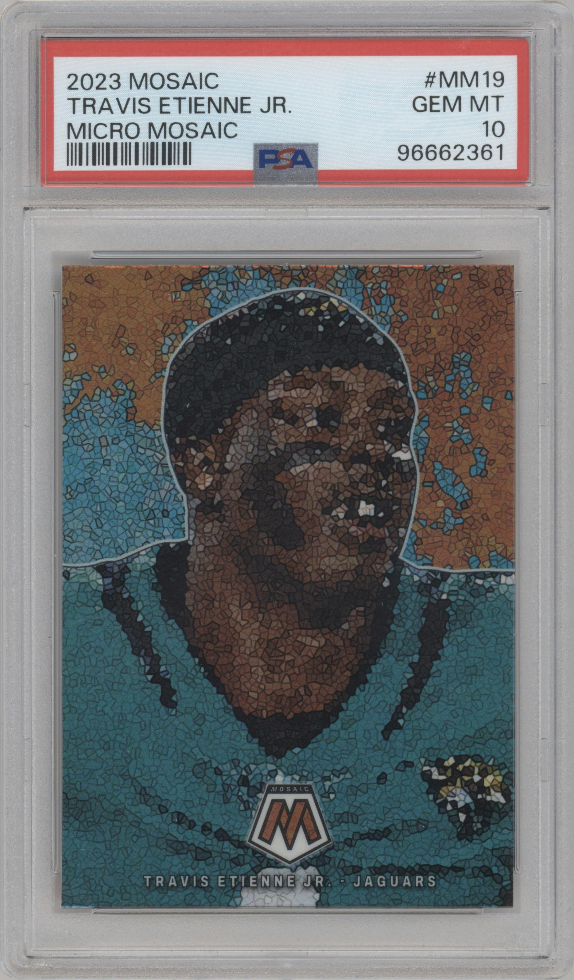 Travis Etienne Jr. from the 2023 Panini Mosaic set graded by PSA and given an overall grade of 10.