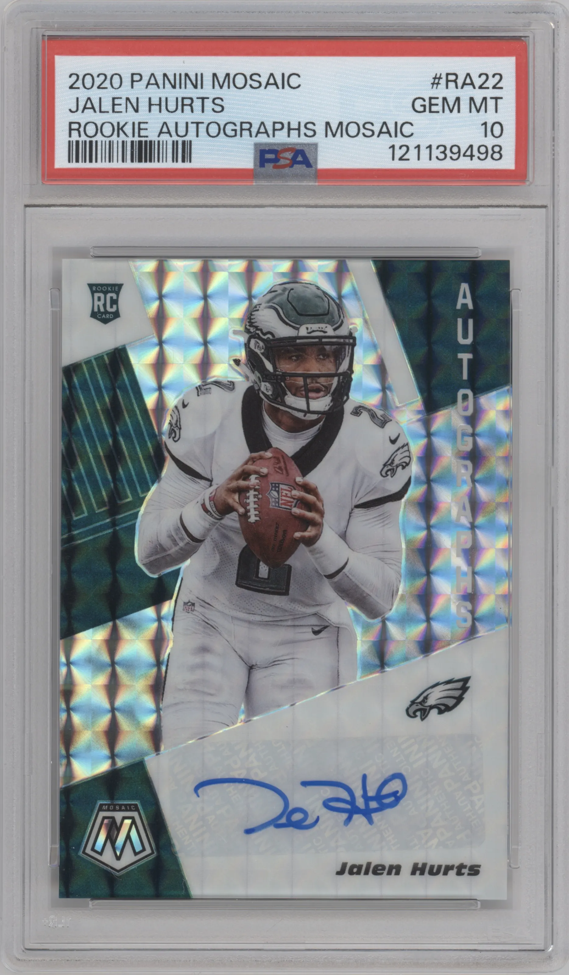 2020 Panini Mosaic Rke.Auto Jalen Hurts #RA22 PSA 10
