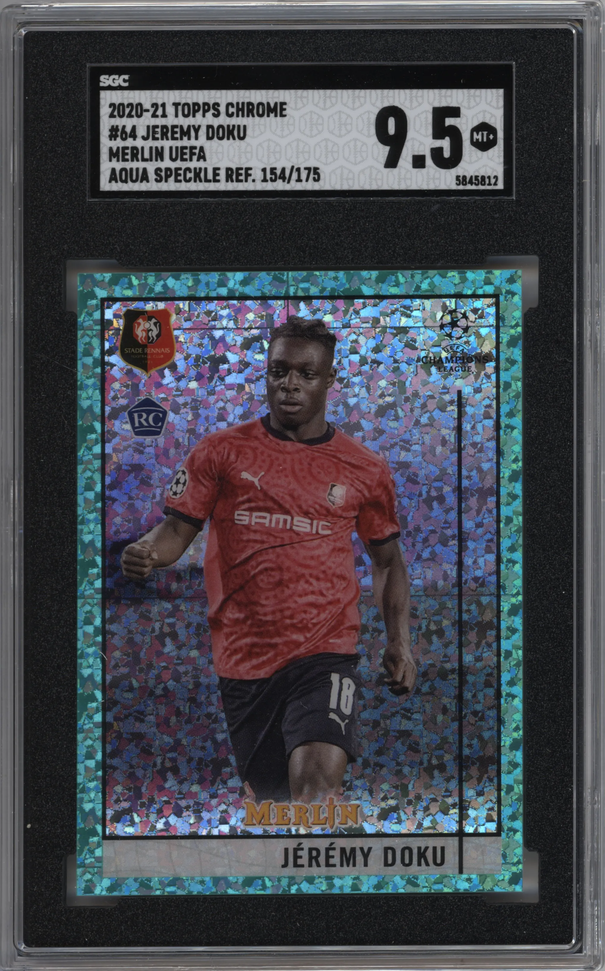 2020 Topps Chrome Merlin UEFA Jeremy Doku Aqua Speckle #64 SGC 9.5